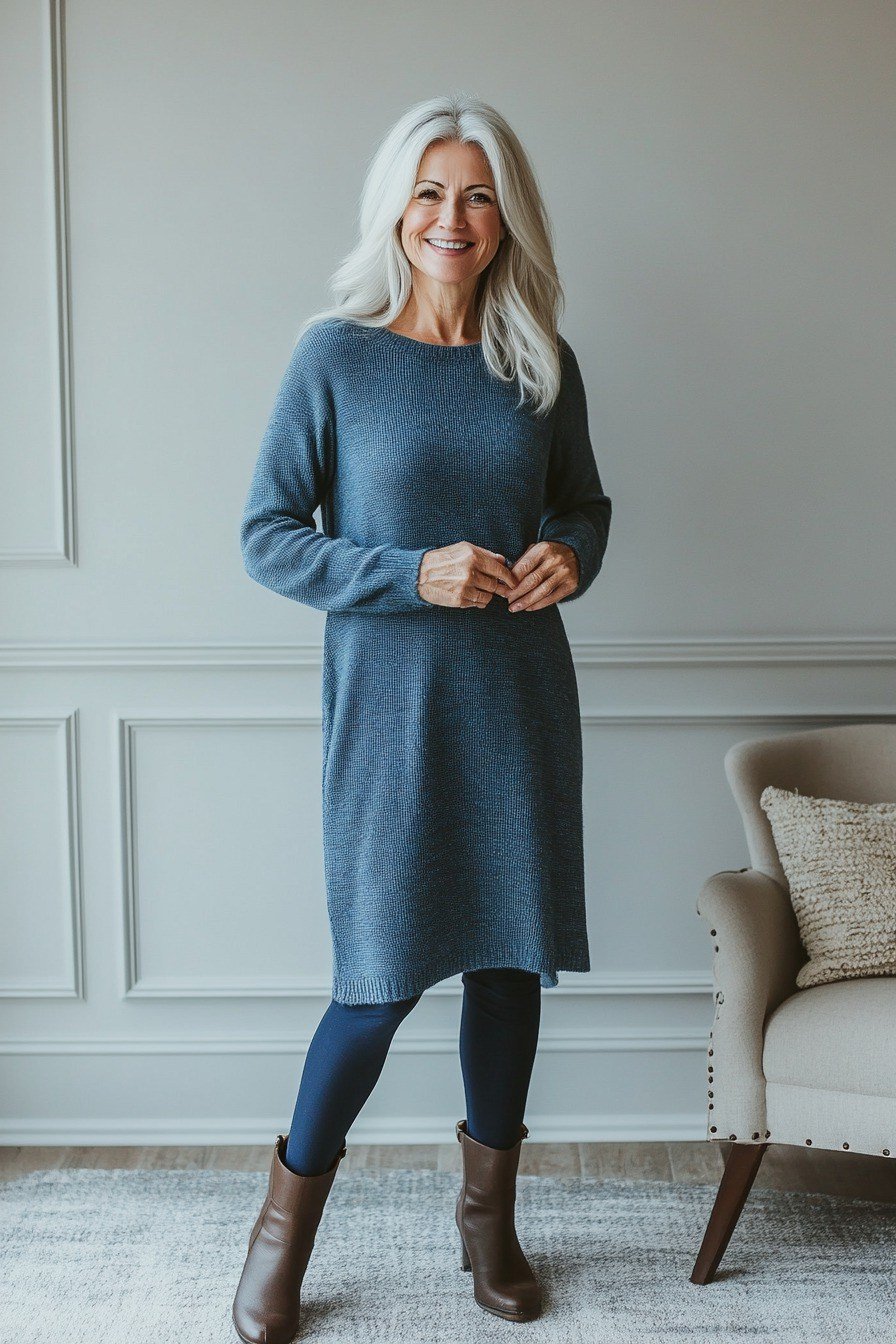 dusty blue knit dress with brown boots for women over 60