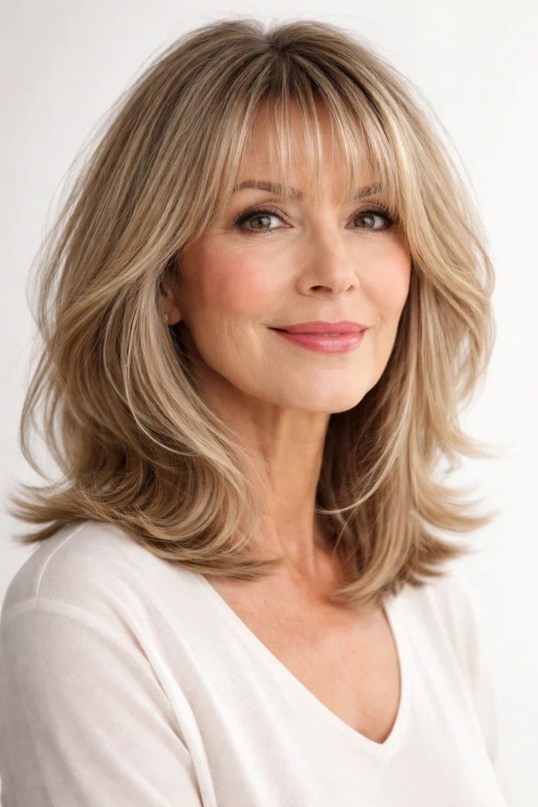 Blonde layered lob with curtain bangs for women over 60