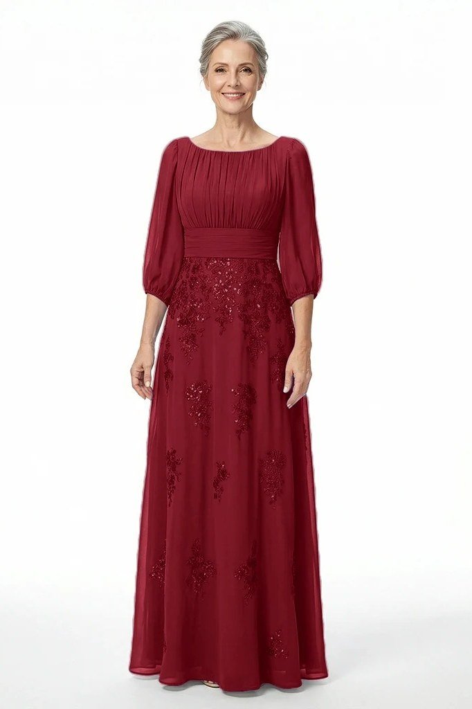 Wine-red lace overlay maxi gown for women over 50, fall date night outfit