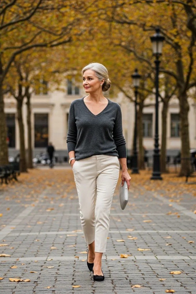 Casual fall outfit for women over 60: burgundy crewneck sweater, black jeans, black loafers