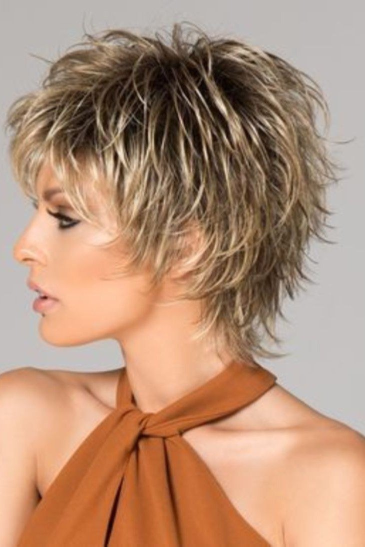 Shaggy blonde pixie, side view - wispy hairstyle for women over 40