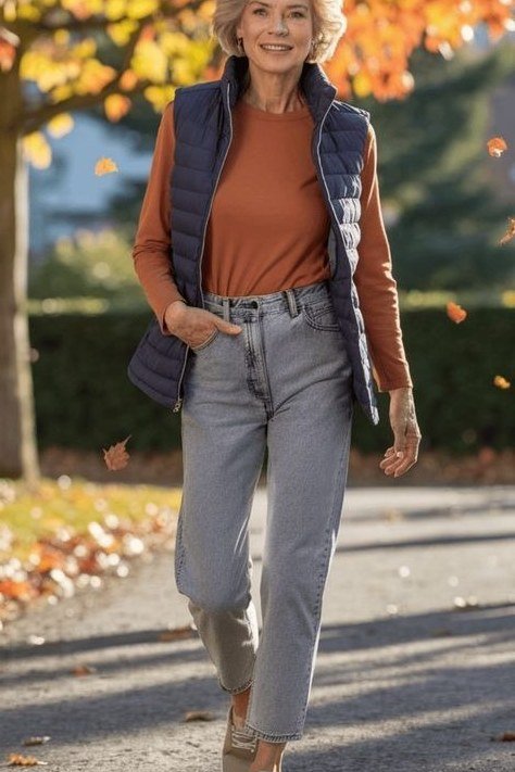 Woman over 60 wearing rust top, navy puffer vest, gray jeans, autumn leaves street