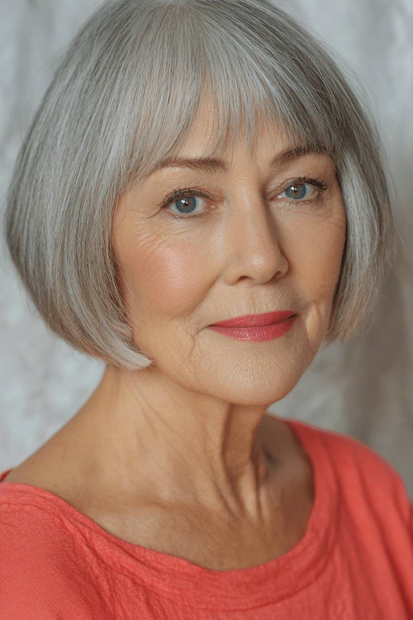 Silver bob with blunt bangs for mature women