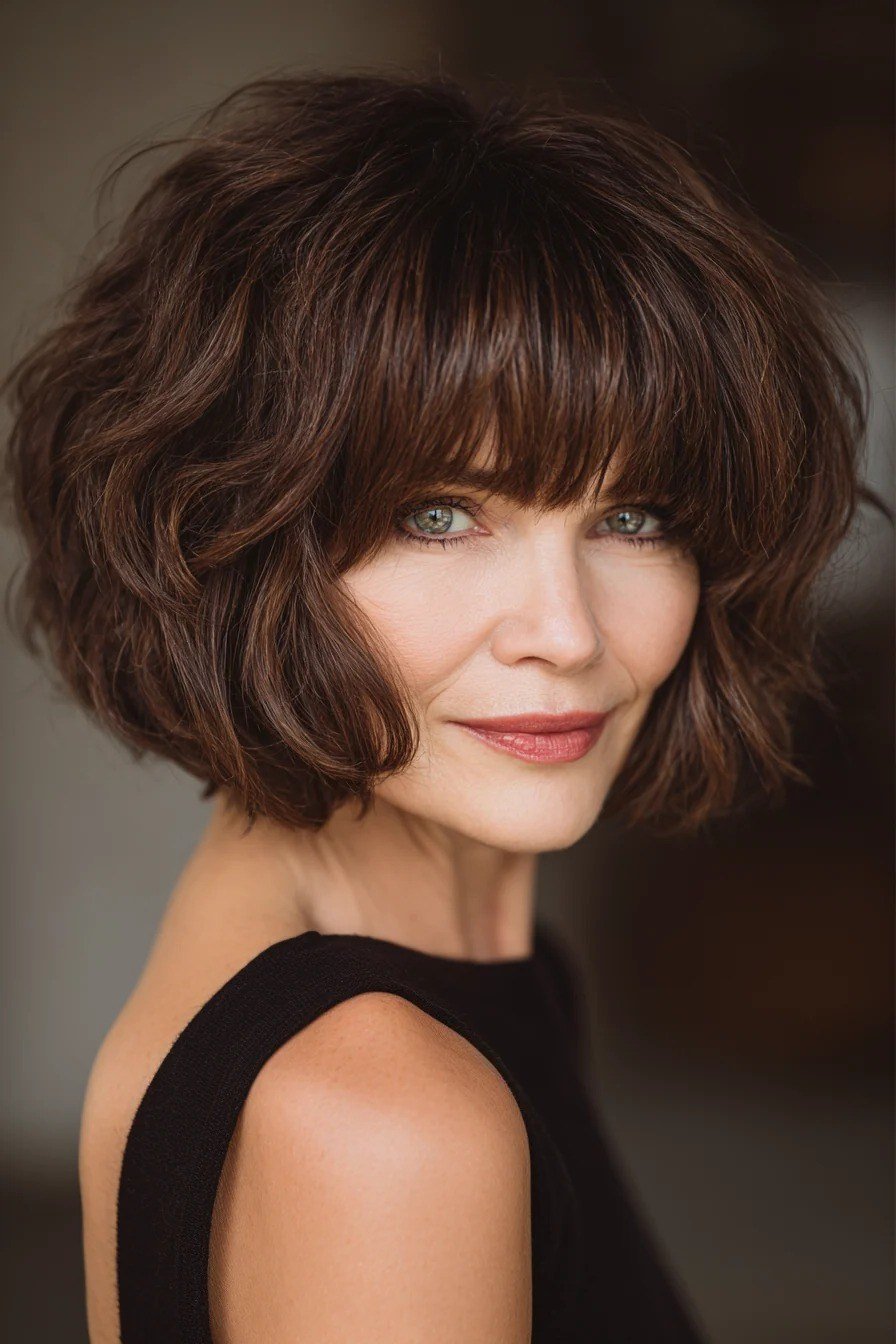 Dark Brunette Bob with Full Bangs, chic bob haircut for women over 50