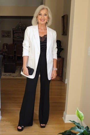 Black Tuxedo Jumpsuit with Satin Lapels - evening outfit for women over 60