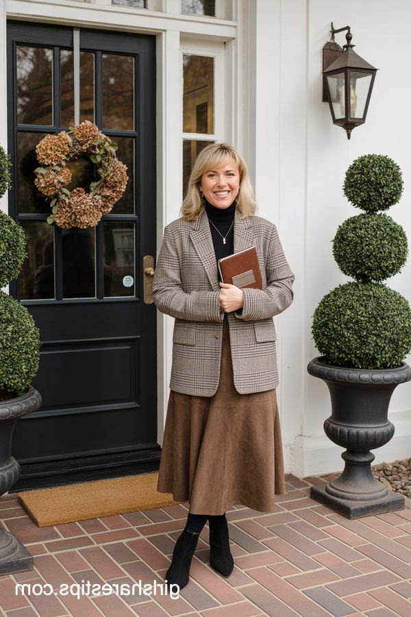 Grey blazer with brown midi skirt and boots at a doorway