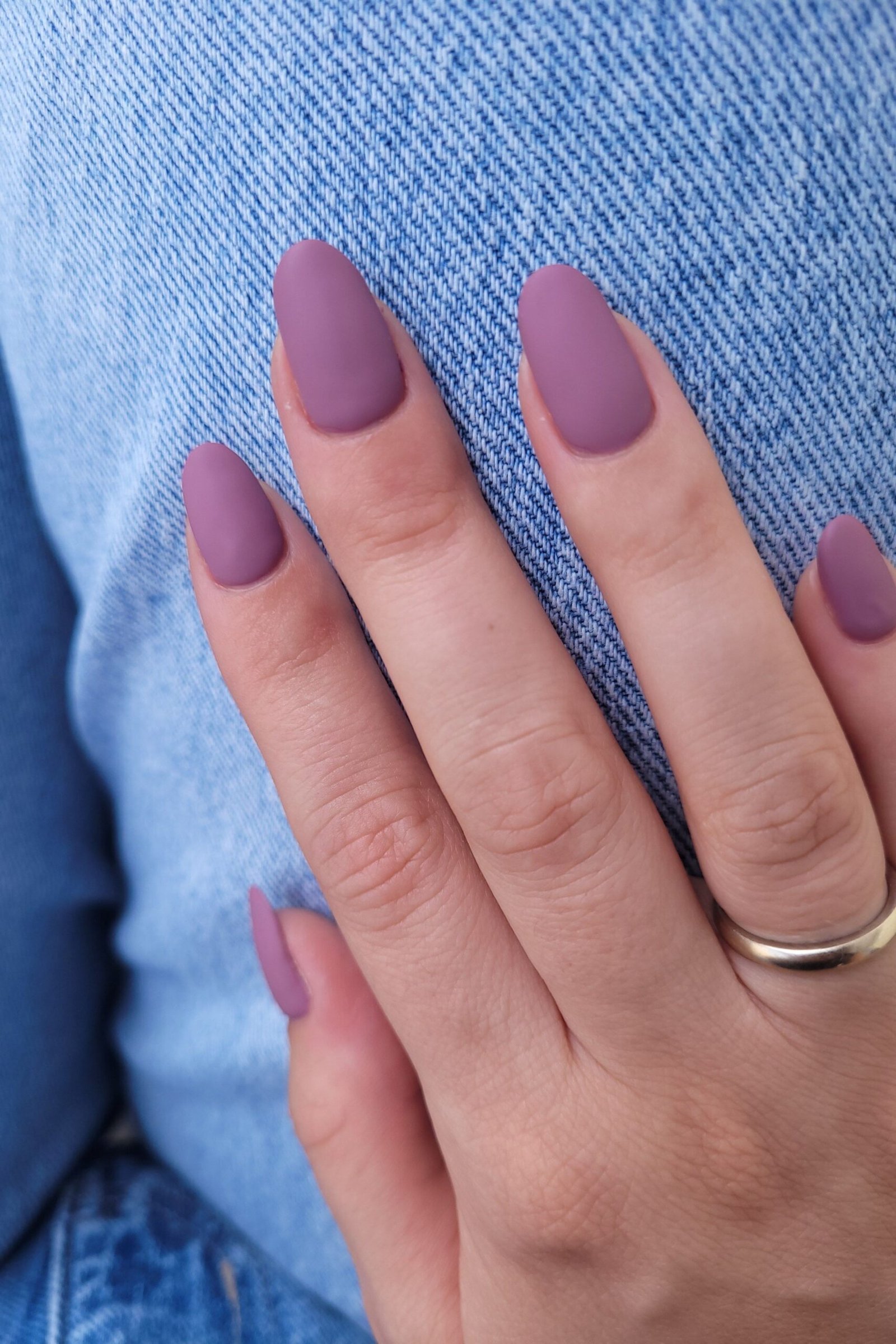 Mauve Almond Nails with Denim, elegant mauve nail idea for women over 60