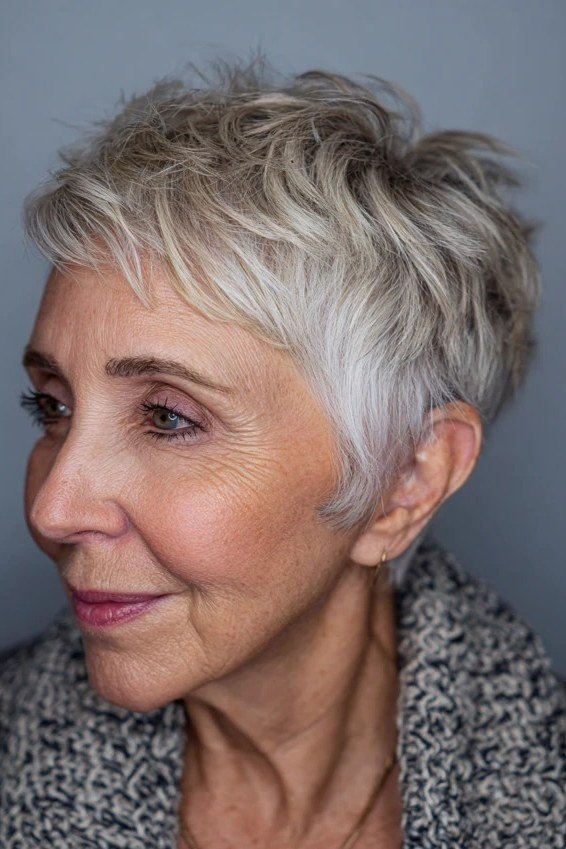Grey textured pixie with messy top - trendy short haircut for older women with fine hair
