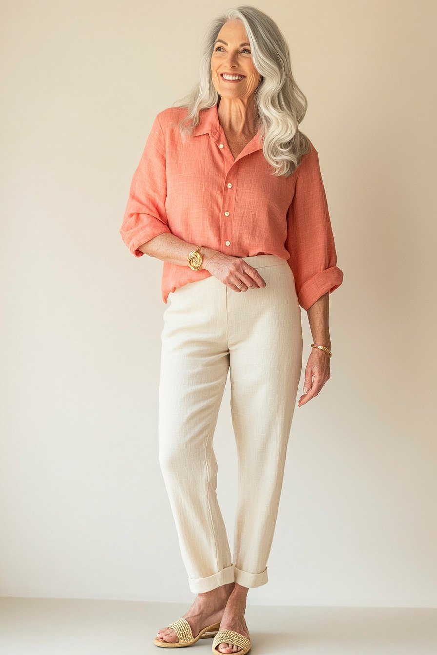 Coral shirt with white pants and sandals, summer outfit for women over 40