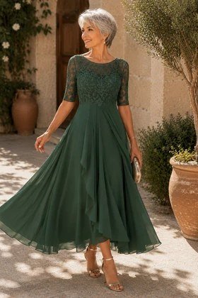 forest green chiffon midi dress with long sleeves, garden,, elegant wedding guest dress for women over 60