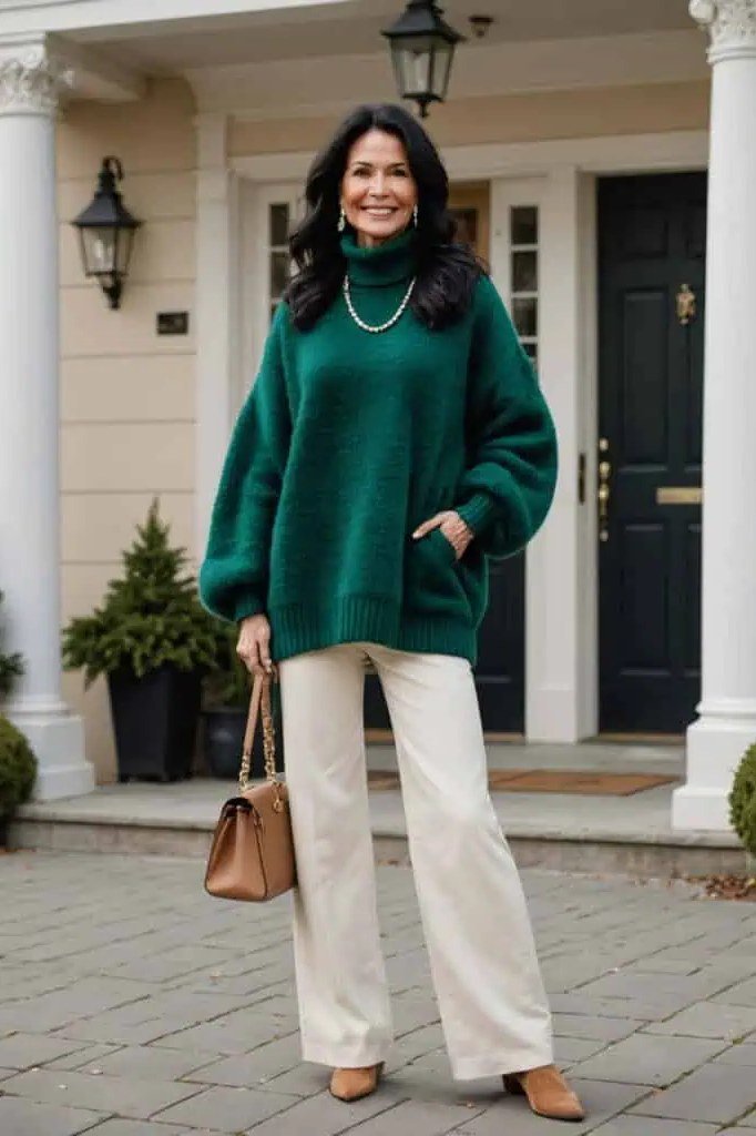 emerald green turtleneck and white wide-leg trousers church outfit for women over 60