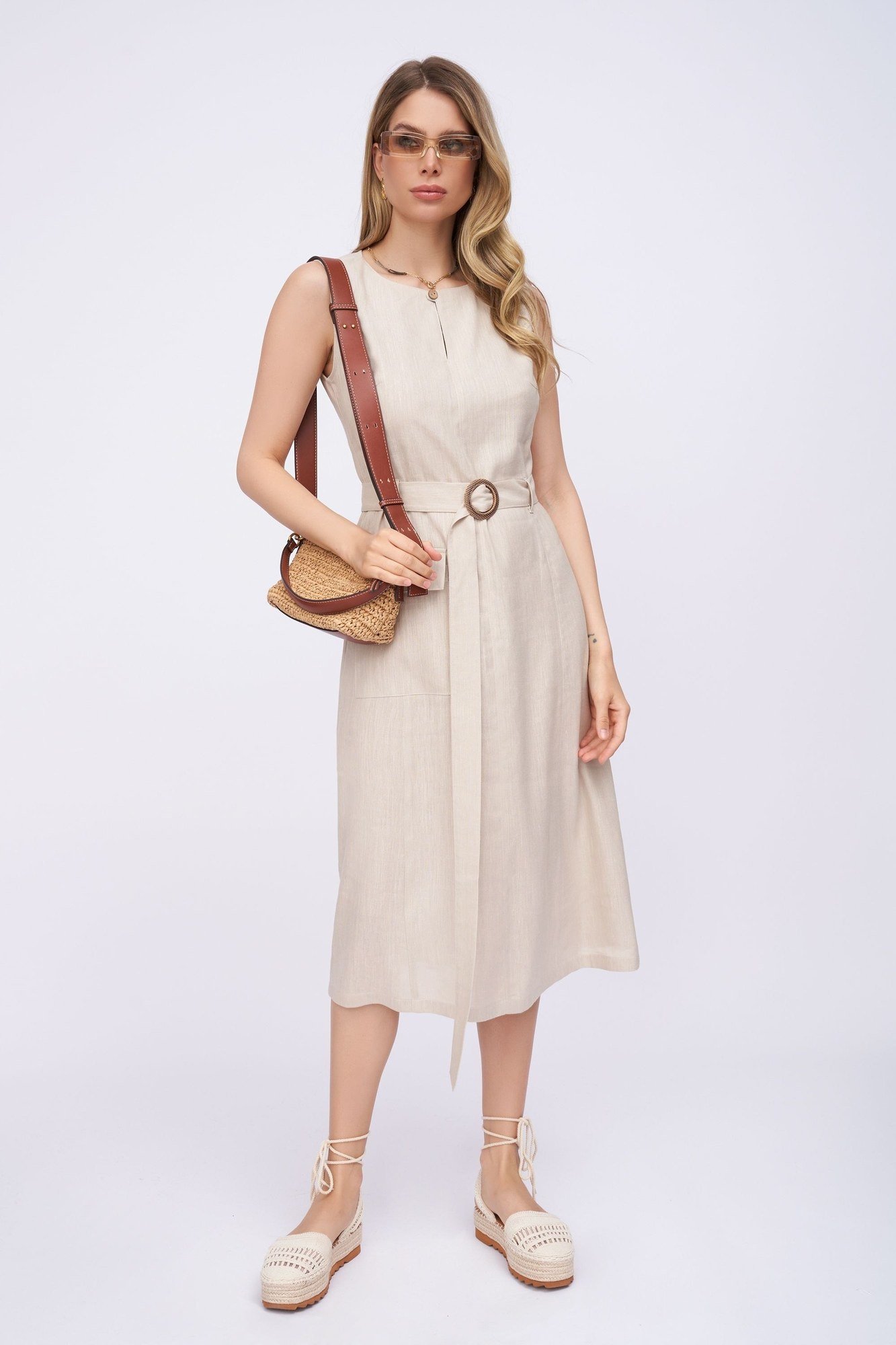 Ivory belted shirt dress with tan crossbody, studio for women over 60