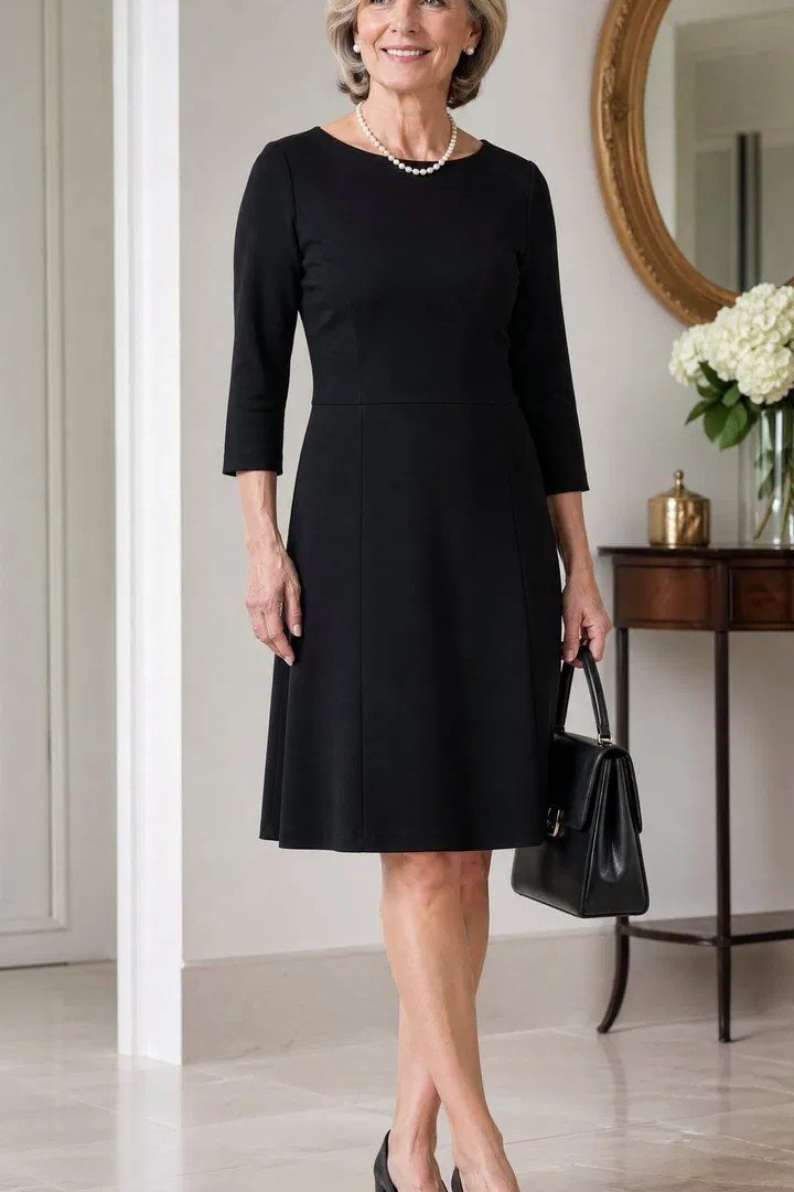 Black A-line dress with three-quarter sleeves for women over 50