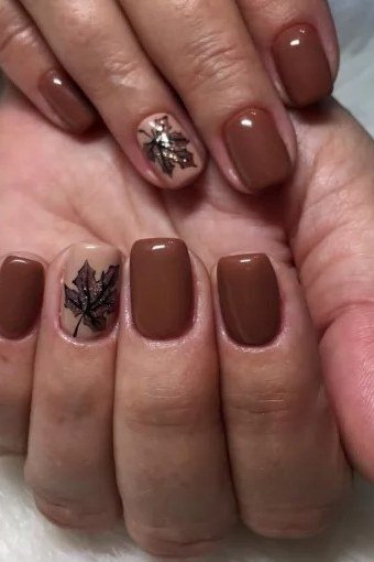Mauve-Brown Square Nails with Leaf Accent, chocolate brown fall nail design for women over 60