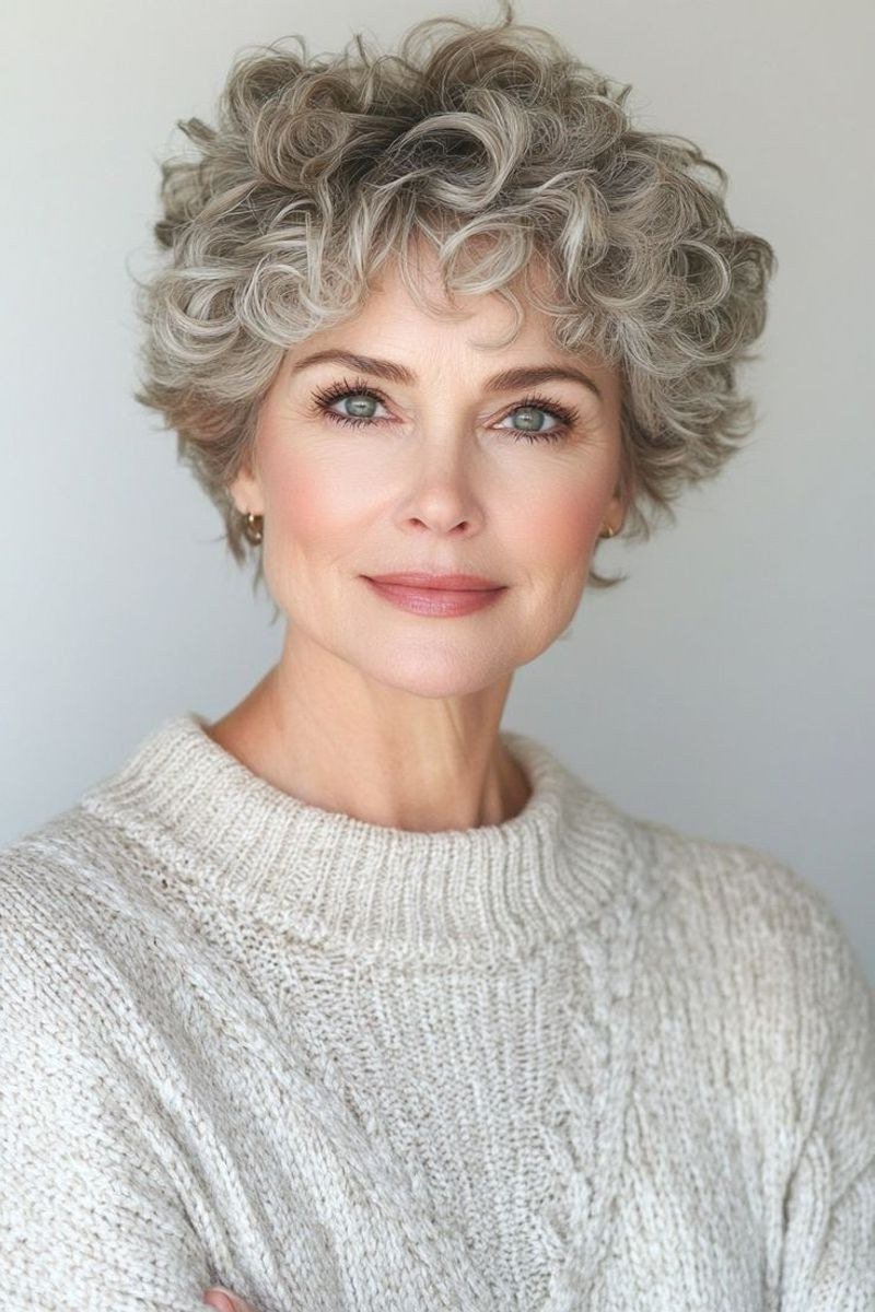 curly silver pixie haircut for women over 50, front view