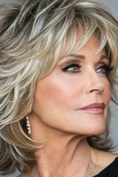 Blonde feathered shag, side, timeless hairstyle for women over 70