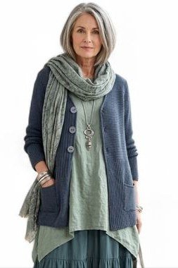 Navy Cardigan with a Sage Tunic, classic casual outfit for women over 70