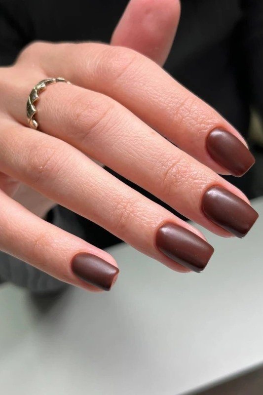 Glossy Chestnut Almond Nails - brown nail idea for women over 50