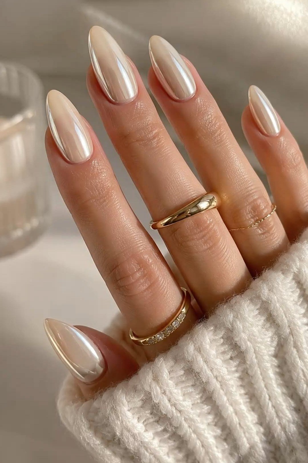Champagne Pearl Chrome with Gold Rings - chrome nail designs for women over 60
