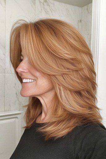 Layered Strawberry Blonde Shag - medium shag haircut for women over 40