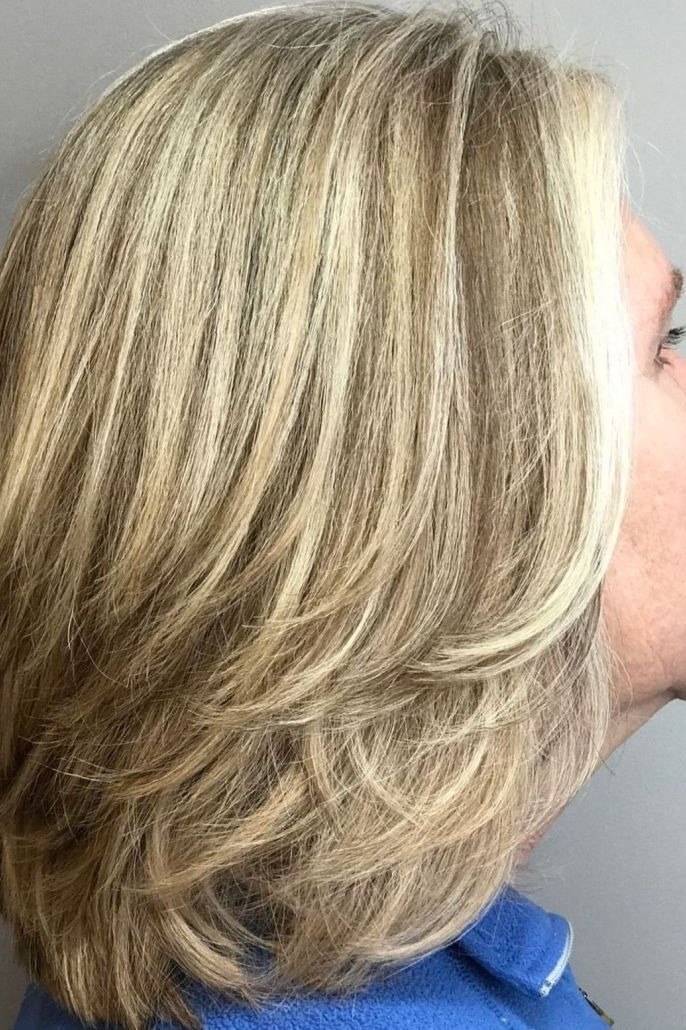 Longer Layered Blonde Cut with a Side Profile, medium hairstyle for women over 70