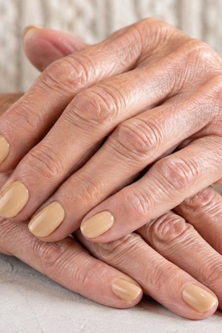 Champagne Gold Shimmer Nails on Mature Hands for women over 60