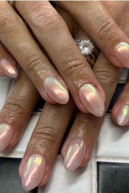 Oval strawberry translucent chrome glaze nails