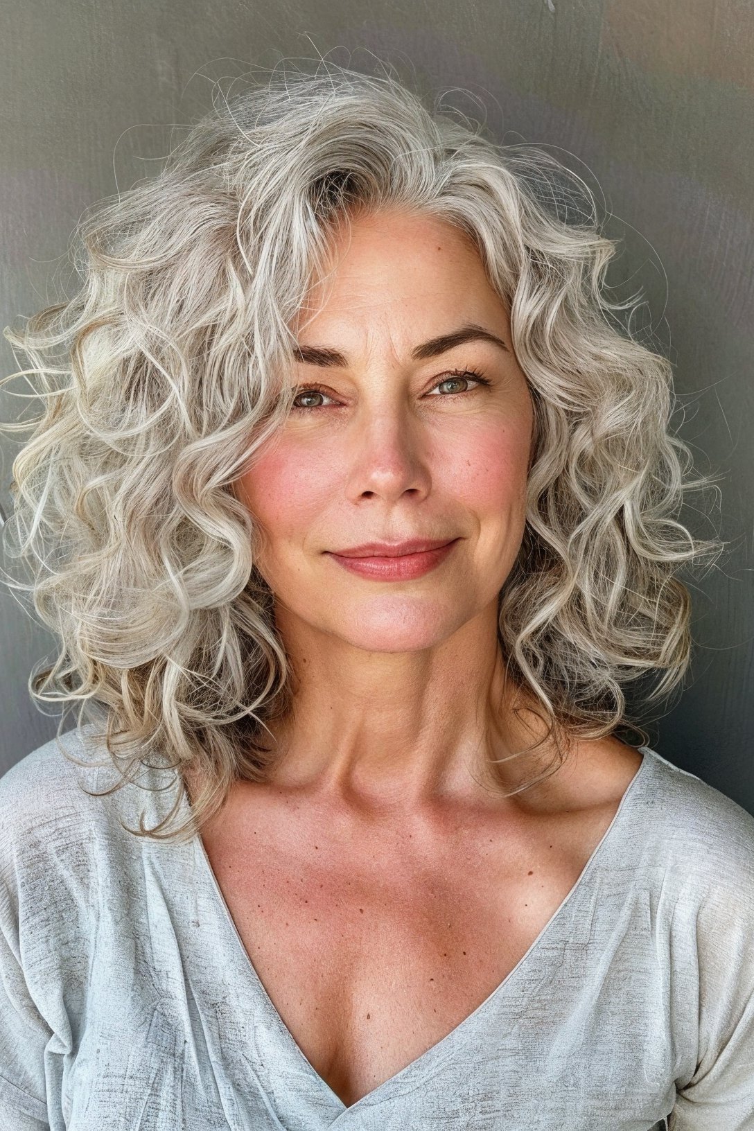 Voluminous silver curly medium-length cut with bouncy ringlets for women over 60