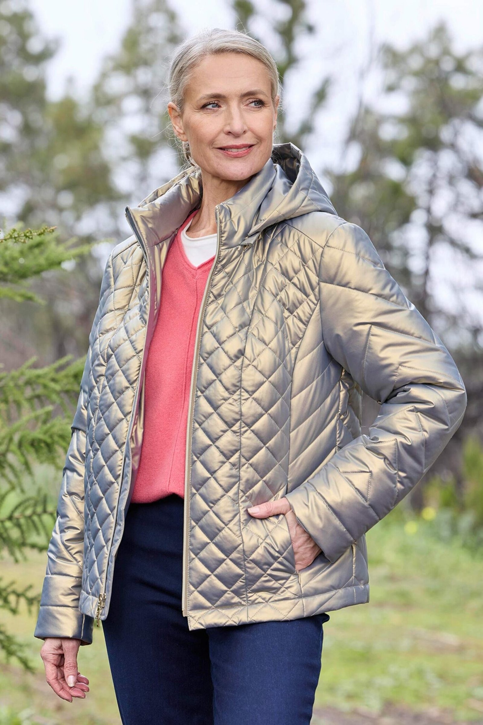 Silver metallic quilted jacket outfit for women over 60