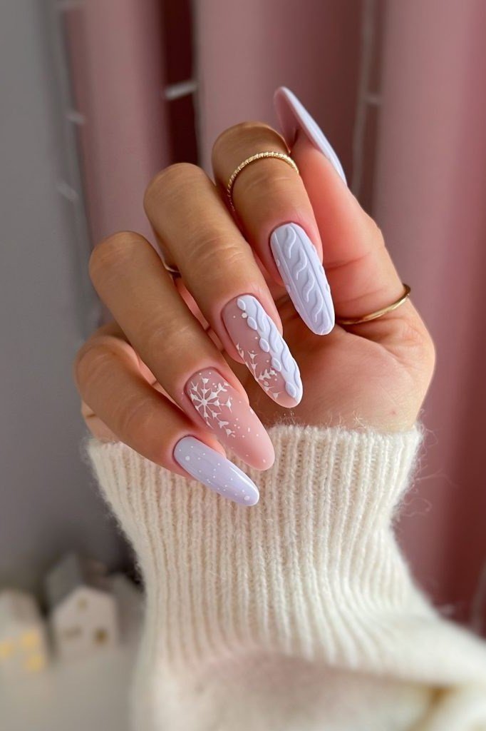 Lavender-Blue Nails with Snowflake Glitter, fun winter nail idea for women over 60