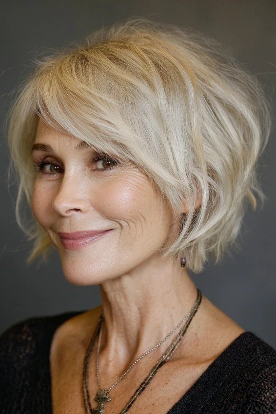 Platinum Textured Pixie Bob - trendy layered bob hairstyle for women over 50
