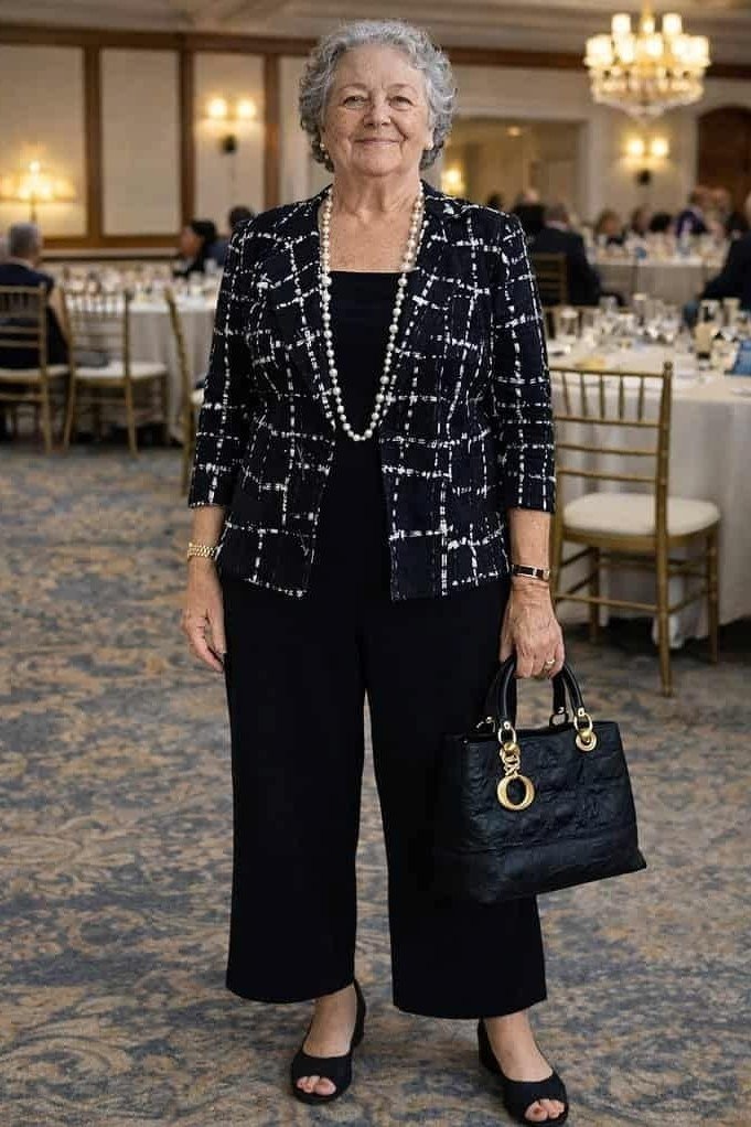 Older gray-haired woman in black-and-white tweed jacket with black top, black pants and pearls in banquet hall