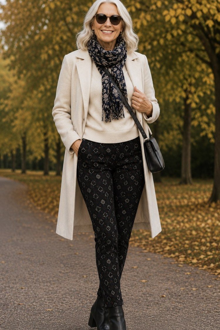 Cream Long Coat with Patterned Scarf - fall outfit for women over 40