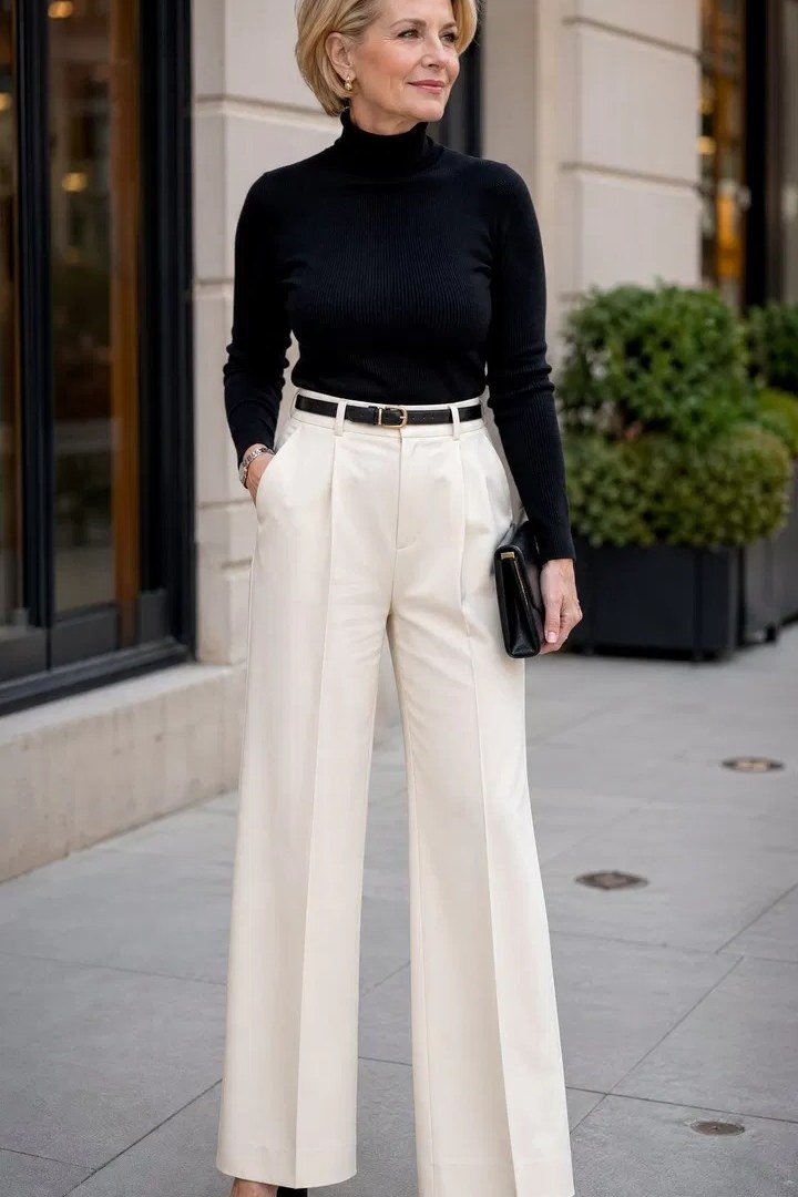 black turtleneck cream wide leg trousers over 50