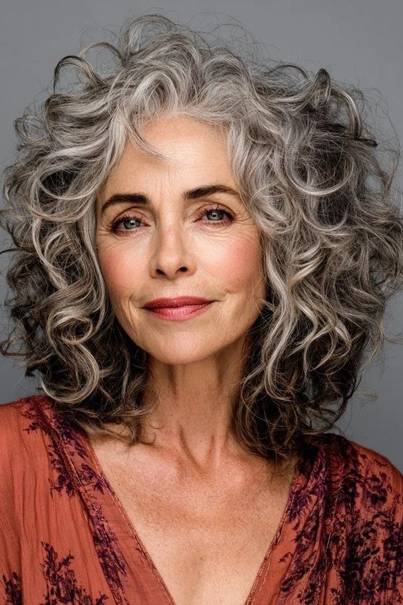 Two tone silver and dark curly bob for older women