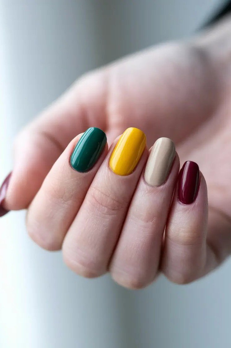 Multi-Color Fall Nails in Burgundy, Nude, Mustard and Teal, fall nail color idea for women over 50