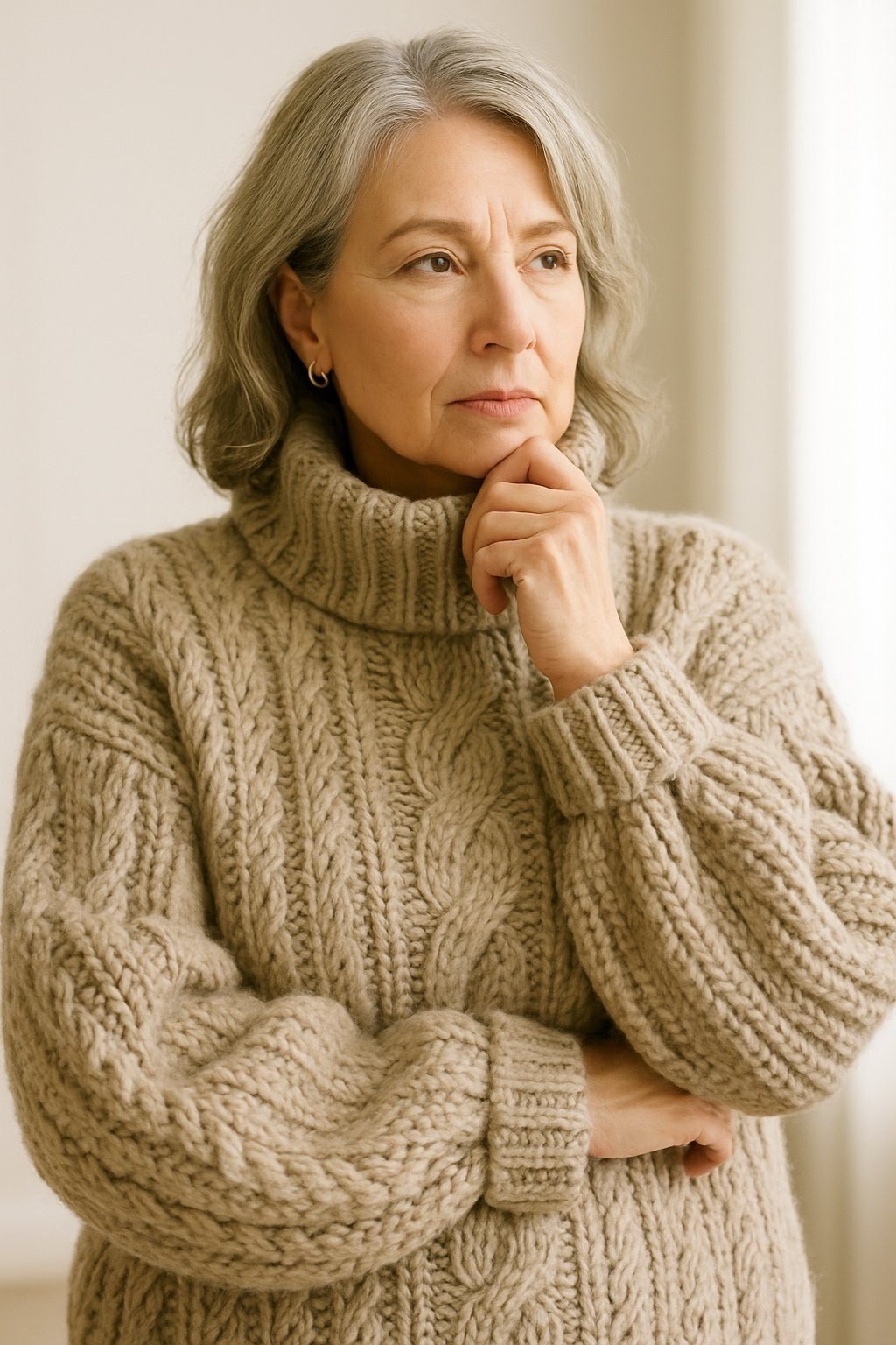 Oatmeal cable-knit turtleneck sweater with hand on chin indoors, cozy sweater outfit idea for women over 70