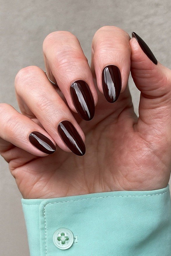 Dark chocolate-brown almond nails, glossy - classy nail design for older women