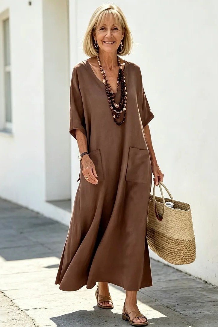 Chocolate Brown Kaftan Maxi summer outfit idea for women over 60