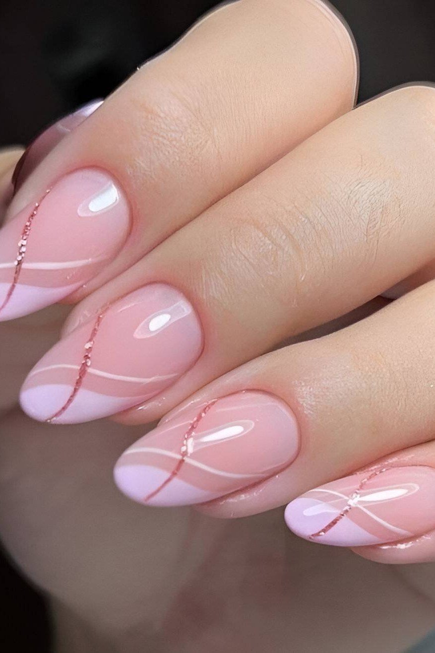 Pink almond nails with white swirl line art