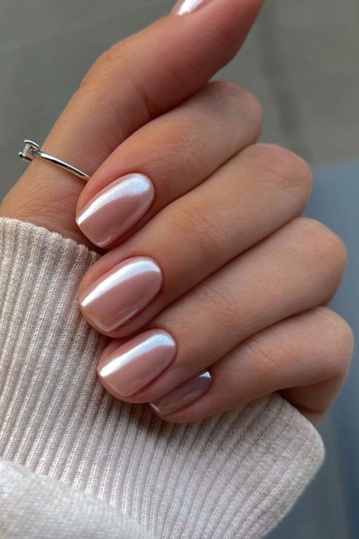 Glossy Nude Short Nails - flattering nail polish shade that hides veins for women over 50