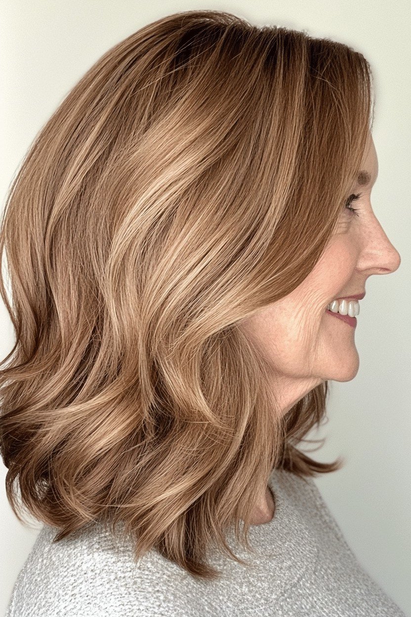 Warm brown wavy lob, side view, natural outdoor light, classic hairstyle for women over 70