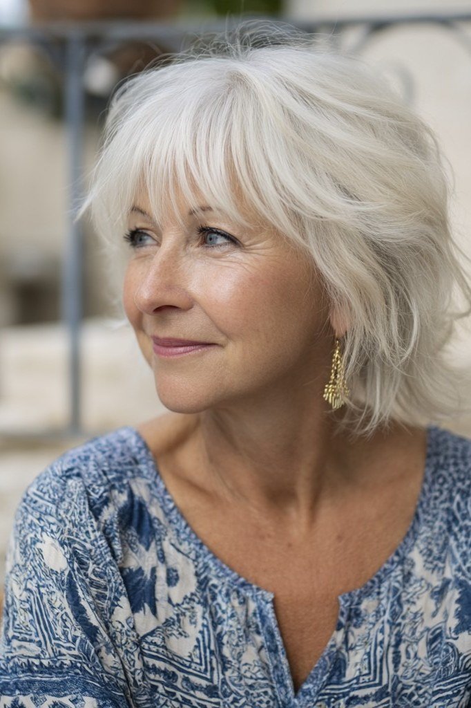 white voluminous wavy chin-length bob, three-quarter view hairstyle for women over 70