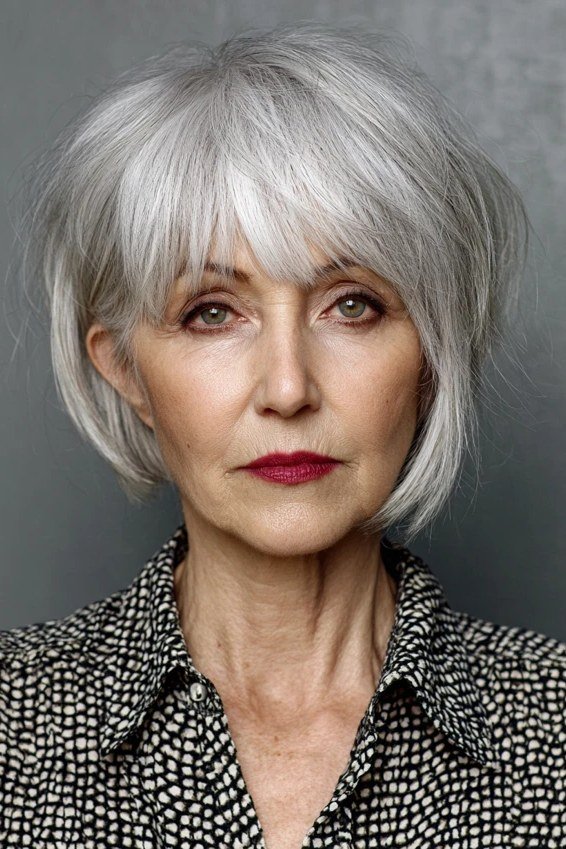 Silver french bob with straight fringe and red lipstick
