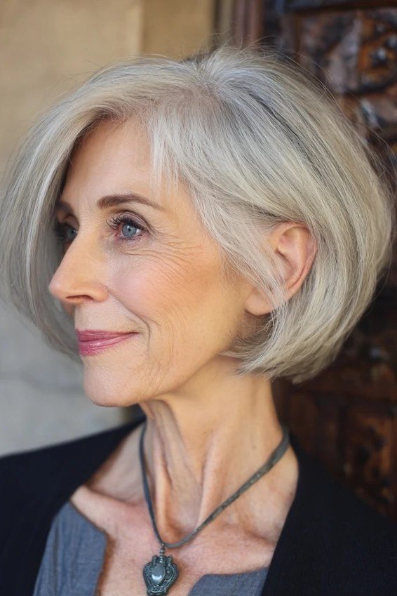 Rounded Silver Bob - grey hairstyle for women over 60
