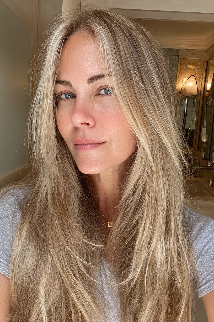 blonde long straight hairstyle, front view for women over 50