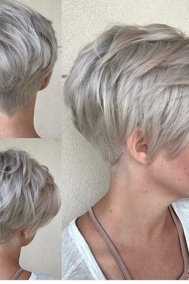 Multi-view collage, silver tapered pixie, side and back views for women over 60