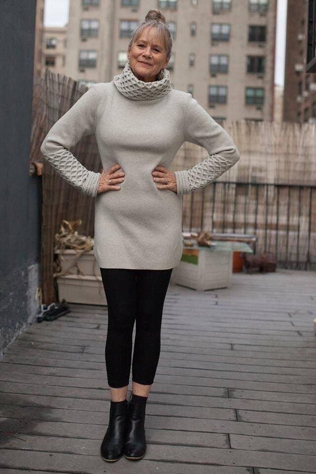 cream cowl-neck sweater dress with leggings for women over 60