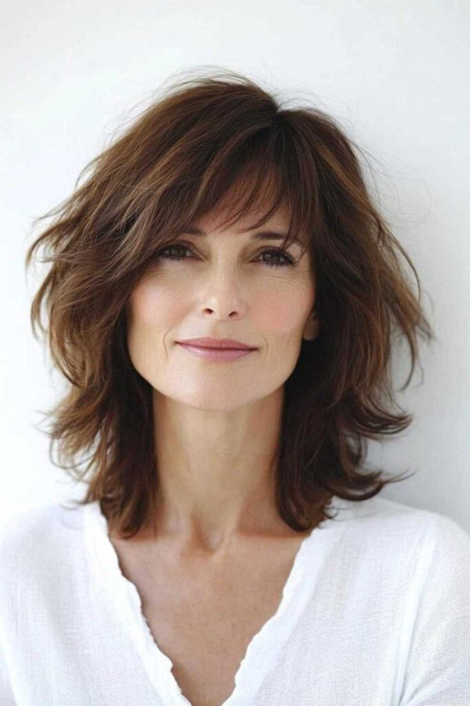 Tousled brown wavy lob with bangs for women over 60