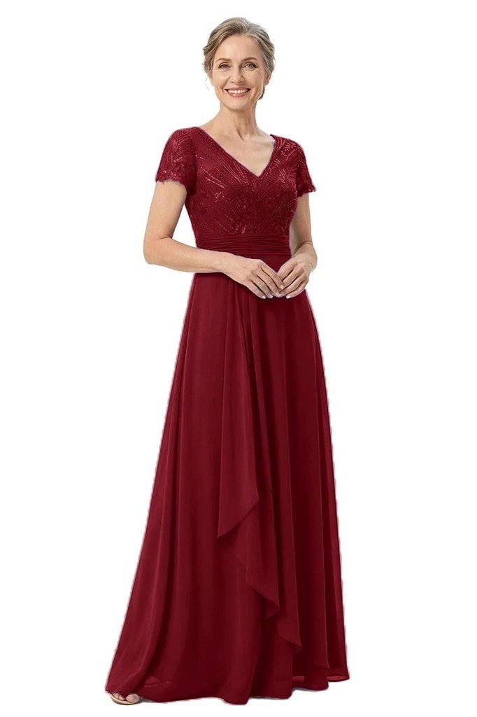 Wine-red ruffle short-sleeve maxi dress for women over 50, fall date night outfit
